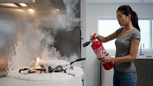 Woman Using Fire Extinguisher on Kitchen Fire - An Asian woman uses a red fire extinguisher to put out a fire in a frying pan on a gas stovetop.