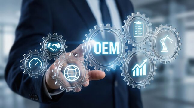OEM concept with virtual cogwheel interface,original equipment manufacturer symbol in industrial business automation and global manufacturing solutions