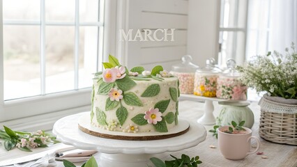 Fresh spring birthday scene, floral cake with green leaves, natural daylight, &ldquo;MARCH&rdquo; written in modern clean font, airy pastel colors, calm mood