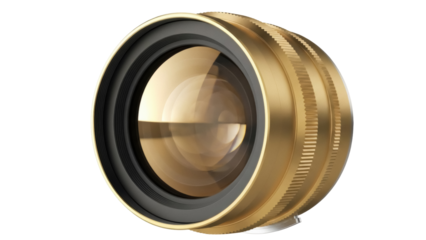 Gold camera lens isolated PNG on transparent background, professional photography equipment for photographers and videographers