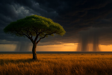 Fototapeta premium Solitary Tree in Stormy Savanna with Rainfall and Dramatic Sky, Golden Horizon Light Breaking Through Clouds, Nature’s Contrast of Calm and Chaos, Symbolic Landscape for Editorial and Conceptual Use