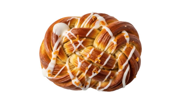 Sweet braided bun with icing isolated on transparent background PNG, delicious pastry for breakfast and dessert, bakery product