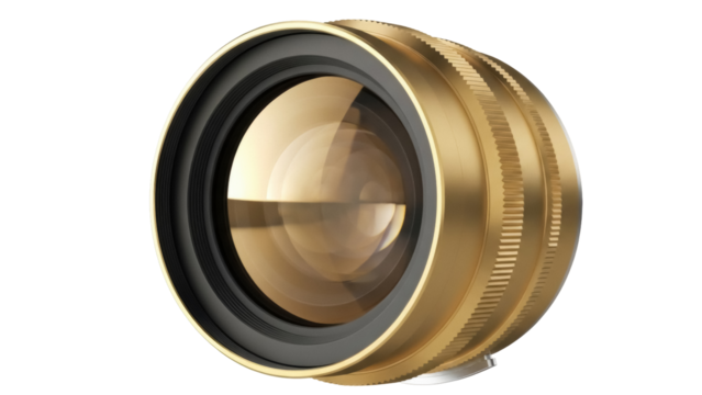 Gold camera lens isolated PNG on transparent background, professional photography equipment for photographers and videographers - Powered by Adobe