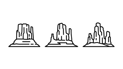 Minimalist line art icons of desert mesas and mountain buttes for travel and landscape design