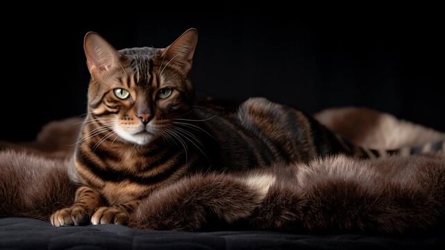 A Bengal cat is lying on a soft fur surface. The cat looks around, showing its active nature. The setting is indoors during evening time, with low light enhancing its features