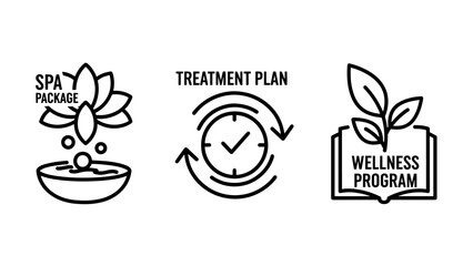 Wellness program management icons featuring spa packages, treatment planning, and holistic care guides
