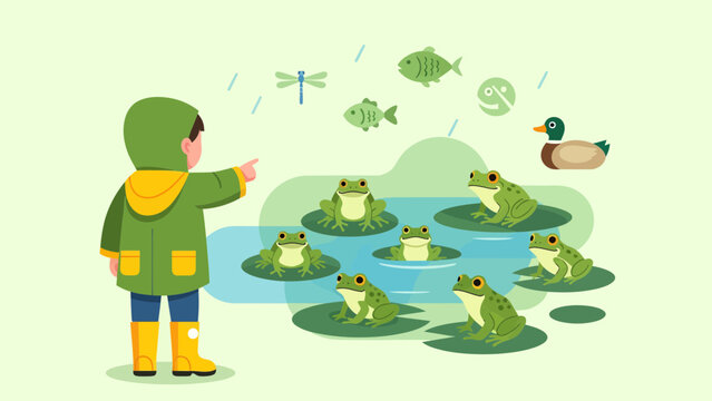 Boy In Raincoat Watching Frogs On Lily Pads In Pond With Dragonfly And Fish