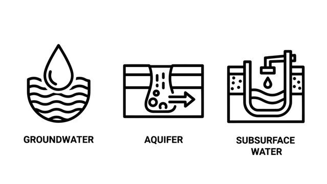 Hydrology and Geology Icons Showcasing Groundwater, Underground Aquifer and Subsurface Water Systems