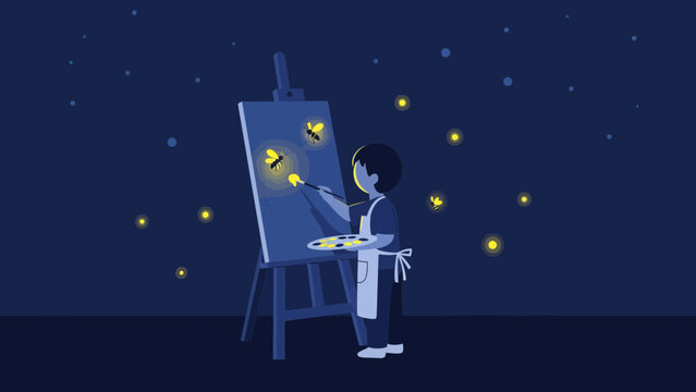 Boy Painting Fireflies On Canvas Under Night Sky Full Of Stars