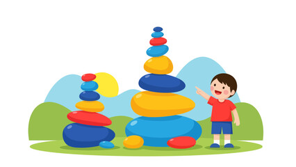 Obraz premium Boy Playing With Stone Balancing Art In Outdoor, Zen Stacking Activity For Children