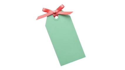 Mint green gift tag with pink ribbon isolated PNG, blank label for presents and price tags on transparent background