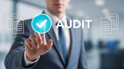 Businessman touches virtual screen with 'AUDIT' and checkmark, symbolizing digital financial inspection, regulatory compliance, and quality control processes.