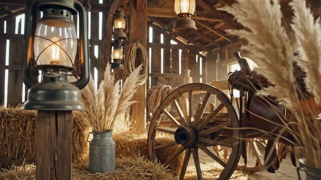 Rustic Western Barn Interior with Lanterns - A vintage barn interior is decorated with old oil lanterns, dried wheatgrass bouquets in metal containers, bales of hay, and an antique wooden wagon wheel.