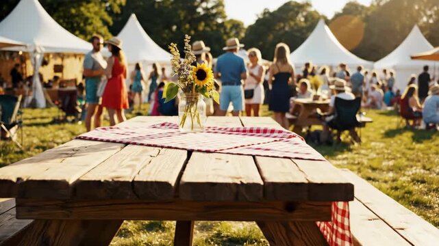Picnic Table at Outdoor Festival - A rustic wooden picnic table is set with a red and white checkered tablecloth and a vase of sunflowers.
