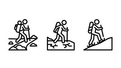 Set of 3 minimalist line art icons representing hikers with backpacks and trekking poles on various terrains, symbolizing adventure and outdoor activities.