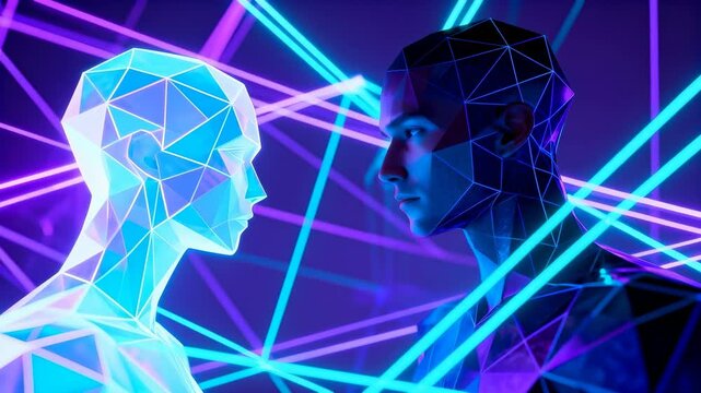Moving cyan magenta beams causing hologram pulsing faceted human holding gaze in neon set for focus