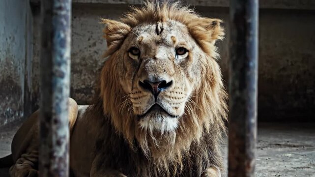 Majestic Lion Behind Bars - A powerful lion rests calmly behind metal bars, showcasing its majestic mane and intense gaze.