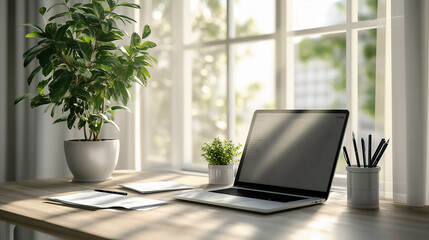 Fototapeta premium Home Office Workspace with Laptop at Sunrise, Created with AI