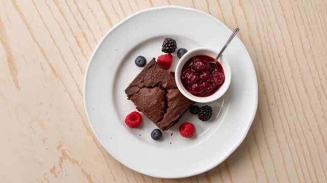 Zooming camera pulling on oak top showing plate with brownie and ramekin shifting focusing on dess