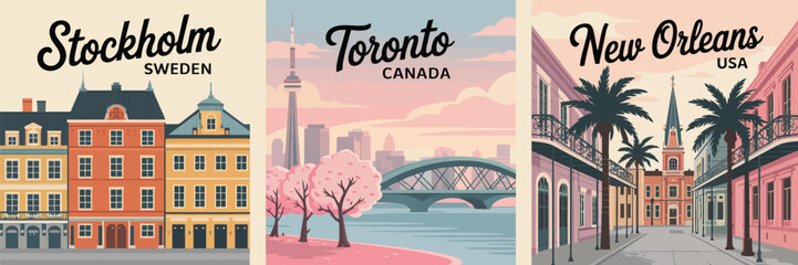 Obraz premium Cityscape Art Stockholm, Toronto, and New Orleans Travel Posters