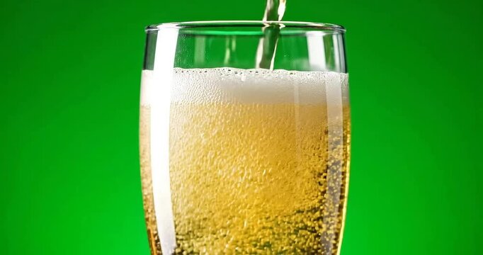 Pouring champagne into glasses with bubbly liquid and foam on a green background realistic 1080p video with bubbles and celebration and party and luxury and fancy