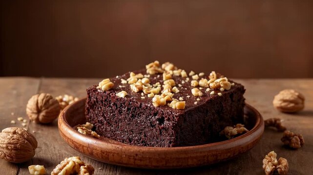 Zooming out camera revealing square brownie on round plate, showing glossy topping and walnuts