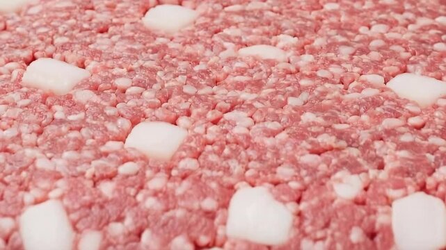 Closeup of rotating ground meat with white fat chunks texture