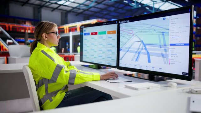 Woman Using Route Planning App For Logistics