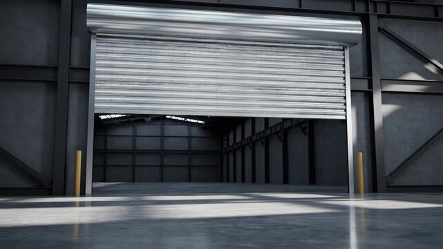 Warehouse Door Opening - A partially open silver corrugated metal rolling door to a large warehouse is shown. The interior of the warehouse is visible beyond the door with a large open floor space.