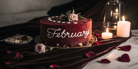 Moody romantic birthday concept, deep red cake, soft shadows, velvety textures, &ldquo;FEBRUARY&rdquo; written in elegant handwritten typography, cinematic low light