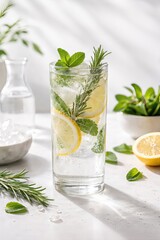 Fototapeta premium Refreshing mint and lemon infused sparkling beverage served in a clear glass garnished with aromatic herbs and citrus slices in a minimalistic setting capturing revitalizing essence