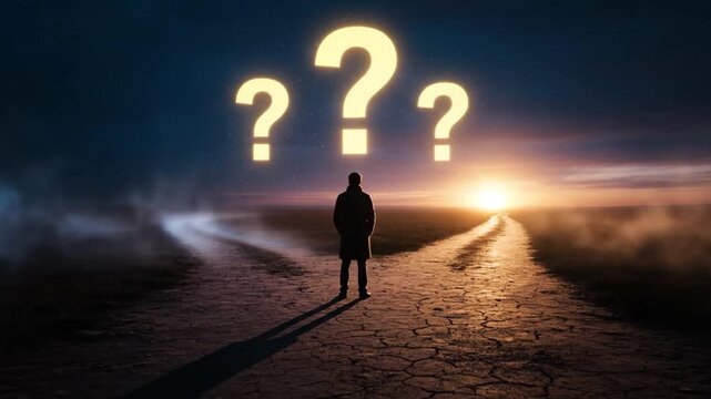 Solitary figure stands at a fork in the road beneath glowing question marks symbolizing existential dilemmas and difficult choices at twilight