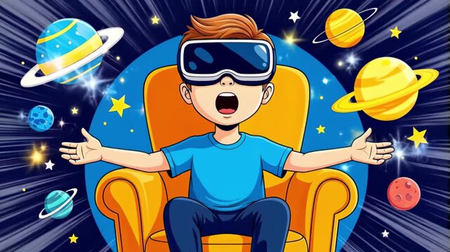 Excited boy, playful mood, using VR headset, outer space theme