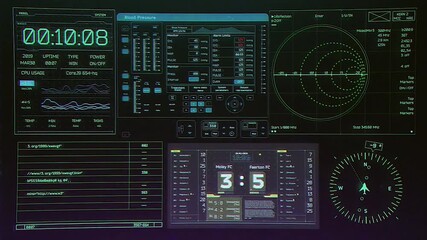 A digital aircraft radio control panel illustration showing interconnected business and technology data on a modern electronic display - Powered by Adobe