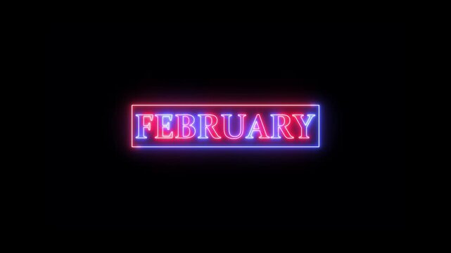 February text icon animation with neon glowing frame on black background. Red and blue neon month name moving animation.