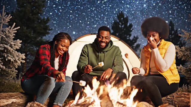 Friends roasting marshmallows by campfire under starry night sky with tent