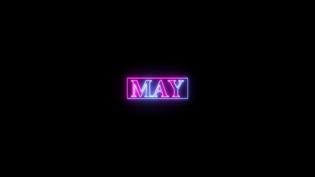 May text icon animation with neon glowing frame on black background. Pink and blue neon month name moving animation.