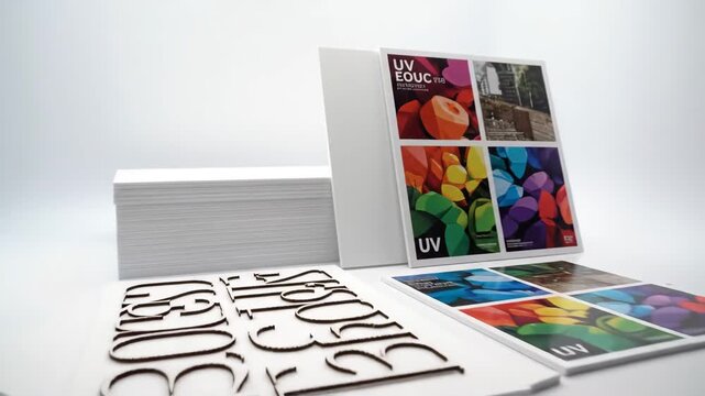 Printing Proofs and Paper Stack - This video showcases a stack of white paper, along with printing proofs displaying colorful designs and fonts.