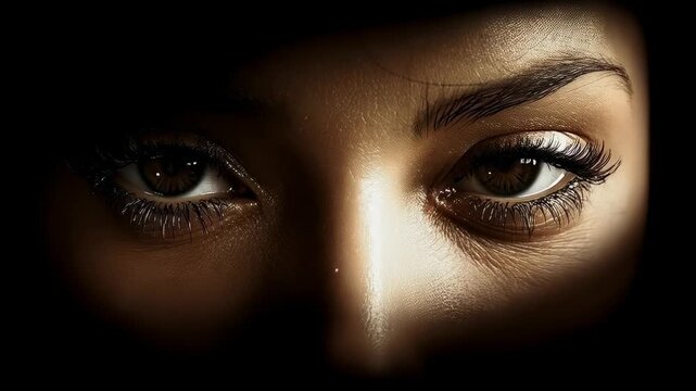 Widening slit revealing woman opening eyes, holding steady gaze in dark studio, showing nose stud