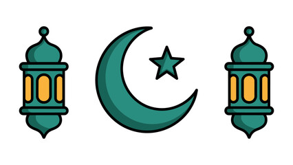 Islamic Holiday Decorations: Featuring crescent moon, star and illuminated lanterns, this illustration encapsulates the spirit of the Islamic holy month, inviting contemplation and togetherness.