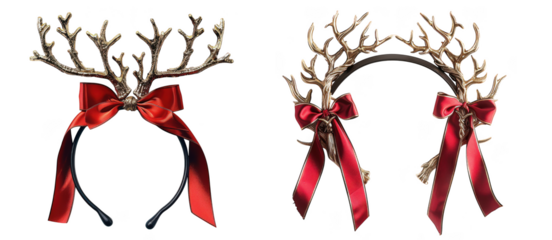Festive reindeer antler headbands with vibrant red bows presented on transparent background