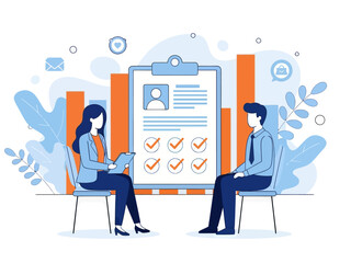 Employer meeting job applicant at pre-employment assessment. Employee evaluation, assessment form and report, performance review concept, flat vector modern illustration
