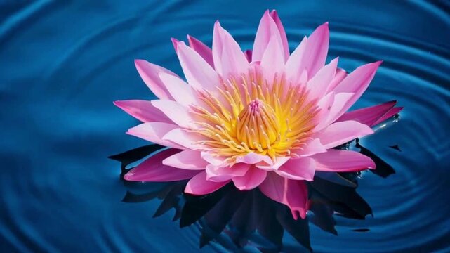 Pink Water Lily Blooming on Calm Blue Water in Closeup