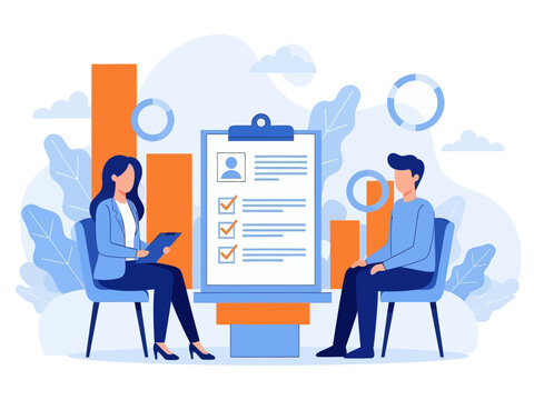 Employer meeting job applicant at pre-employment assessment. Employee evaluation, assessment form and report, performance review concept, flat vector modern illustration