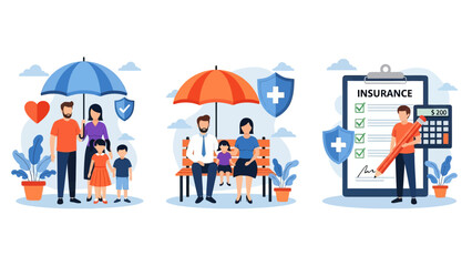 Health and life insurance concept, Family standing under insurance umbrella, Man fills out health insurance form, set flat vector modern illustration
