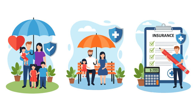 Health and life insurance concept, Family standing under insurance umbrella, Man fills out health insurance form, set flat vector modern illustration
