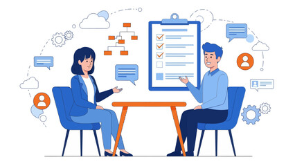 HR manager with employee at interview and business flow chart. Employee assessment software, HR company system, employee check programme concept, flat vector modern illustration