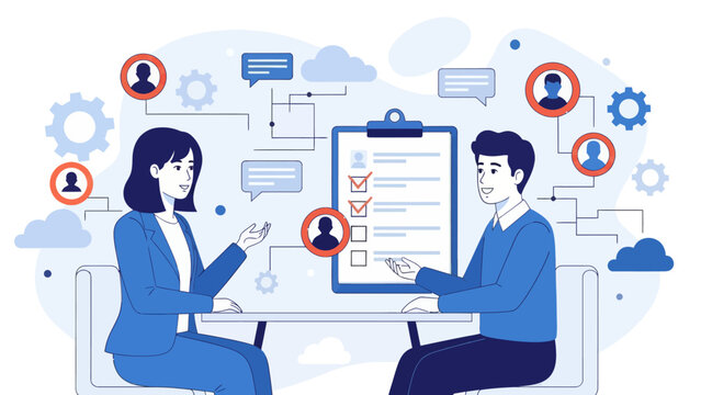 HR manager with employee at interview and business flow chart. Employee assessment software, HR company system, employee check programme concept, flat vector modern illustration