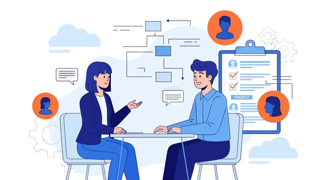 HR manager with employee at interview and business flow chart. Employee assessment software, HR company system, employee check programme concept, flat vector modern illustration