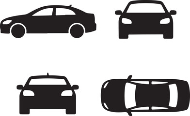 Comprehensive Sedan Car Icon Vector Set: Four Different Perspectives (Side, Front, Rear, Top View) - Black Glyph Silhouette for Transport, Navigation, and Automobile Industry UI/UX Design